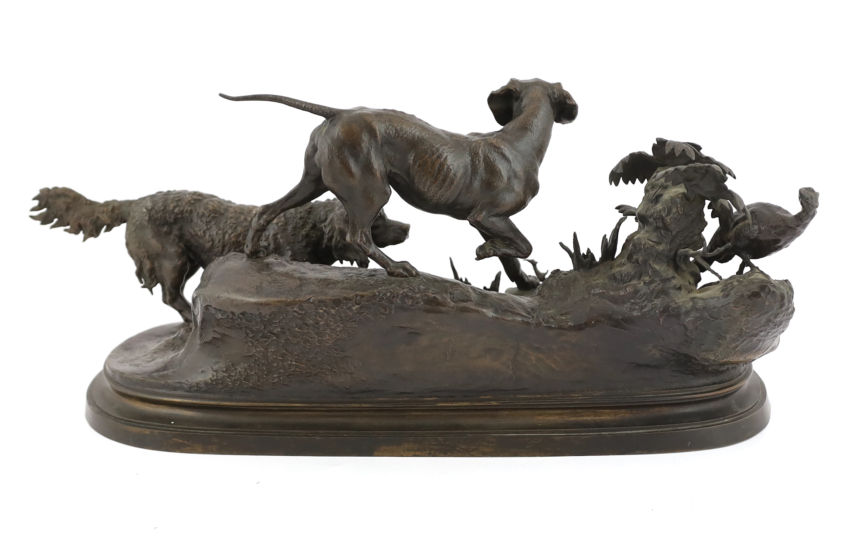 After Ferdinand Pautrot (1832-1874), a bronze group of a spaniel and a hound chasing a pheasant, 63cm wide, 29cm high